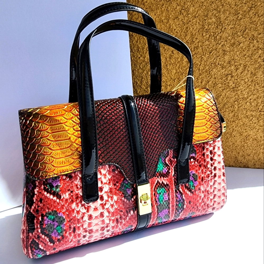 Women Embossed Snakeskin Evening Leather Pink Shoulder Top Handle Handbag - Picture 3 of 9